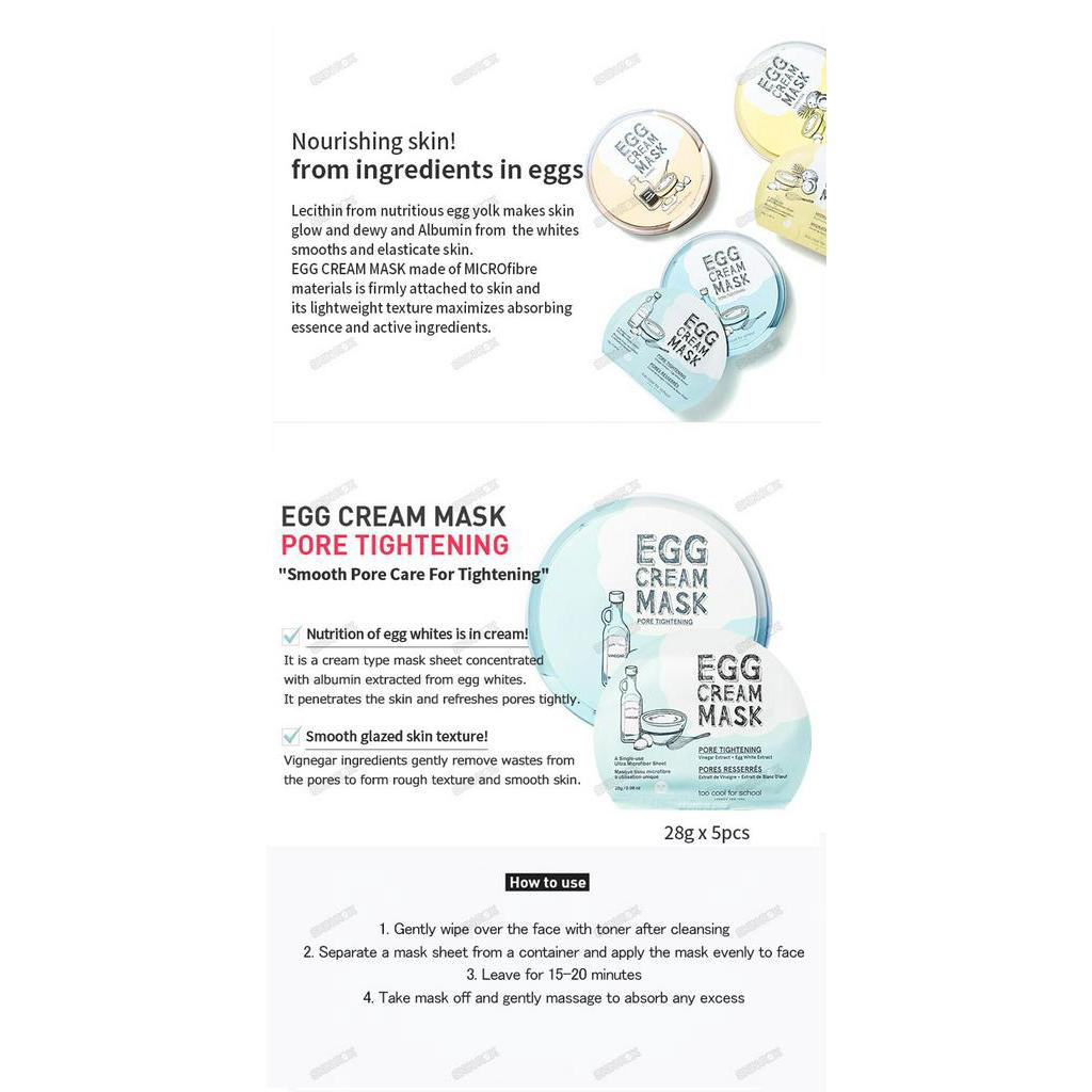 Set 5 mặt nạ trứng gà Too Cool For School Egg Cream Mask se khít lỗ chân lông 28g
