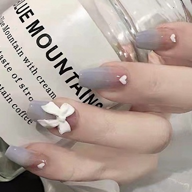 Bộ 24 móng tay giả màu xám in hình trái tim/ nơ