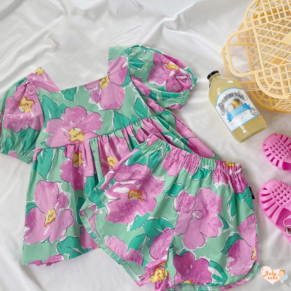 Set Áo Thun Ngắn Tay In Hoa + Quần Short Phong Cách Hàn Quốc Cho Bé Gái