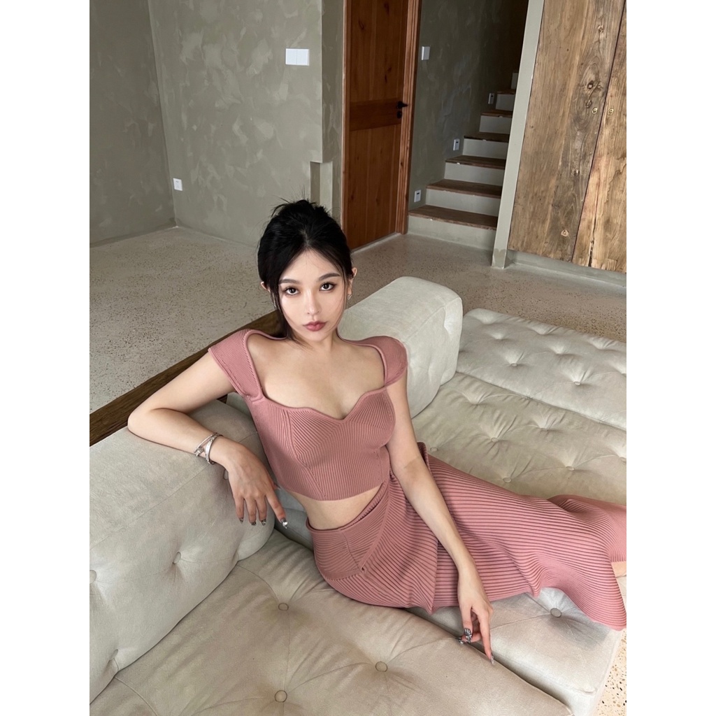 Bộ Áo Dệt Kim Cao Cấp Ôm Eo + Chân Váy Ngắn Màu Hồng Thuần Khiết Thời Trang Mùa Hè Cao Cấp Dành Cho Bạn Nữ