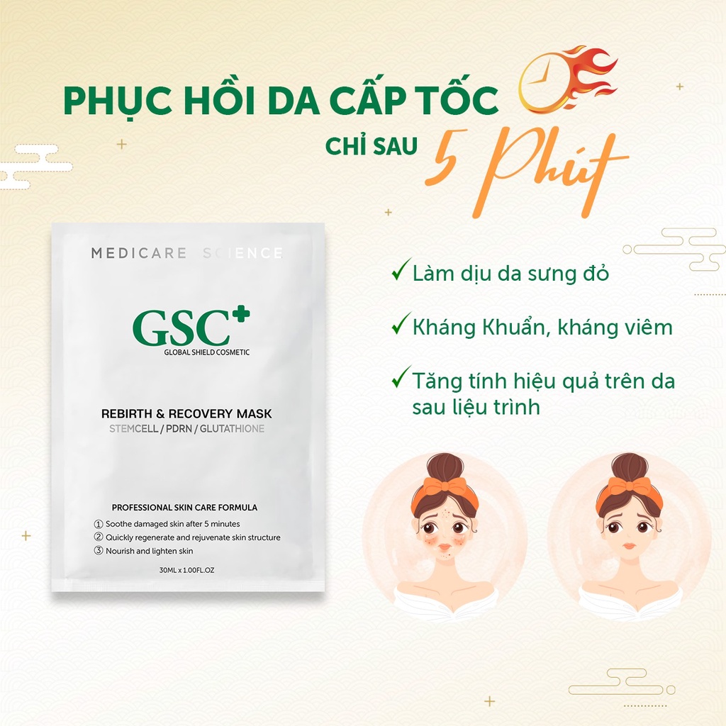 Hộp 10 gói mặt nạ tế bào gốc giảm sưng đỏ sau lăn phi kim GSC Rebirth & Recovery Mask