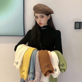 Áo len nữ dài tay thêu cổ cao croptop 8857