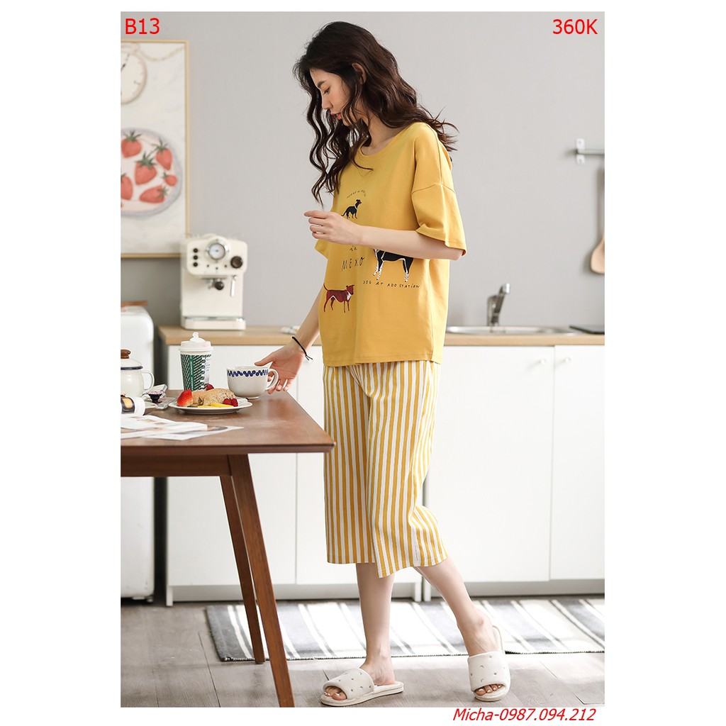 Bộ mặc nhà cotton màu vàng phối kẻ sọc trẻ trung - Micha B13