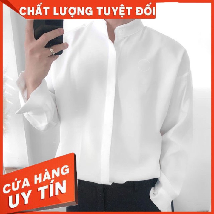 Áo sơ mi trắng nam cổ trụ tàu dài tay vải lụa mềm form rộng phong cách hàn quốc cao cấp | Beway - Hàng nhập khẩu