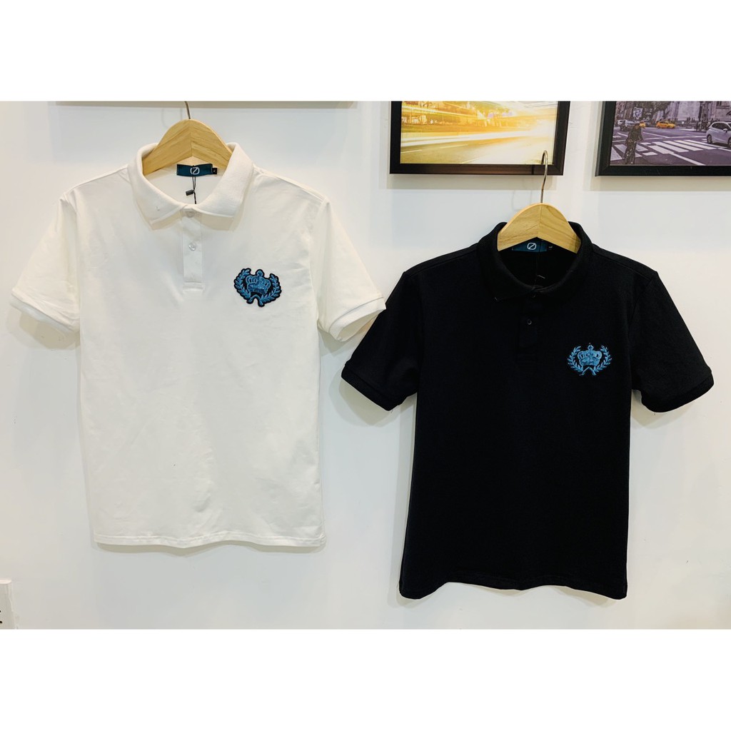 Áo thun nam có cổ tay ngắn thêu kim sa cánh đại bàng xanh chất cotton co dãn 4 chiều 2 màu trắng đen cao cấp AHFASHION | BigBuy360 - bigbuy360.vn