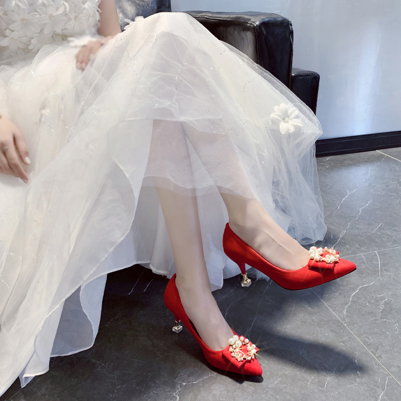 Giày cao gót nữ, Giày cưới màu đỏ kiểu Trung Quốc cho cô dâu và phù dâu
