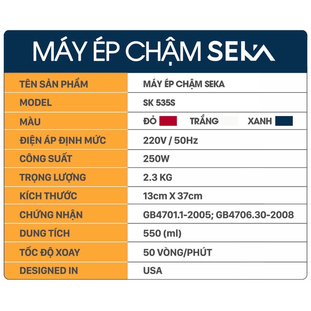 Máy Ép Chậm Ép Trái Cây Rau Củ Quả Seka SK535S, Kiệt Bã, công nghệ Mới - nhỏ gọn tiện lợi bảo hành 1 năm