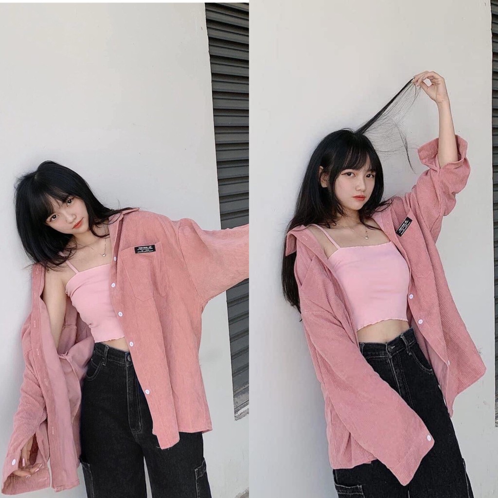 SET ĐỒ gồm áo sơmi nhung gân và hai dây mặc được nhiều kiểu form chuẩn style ullzang tone màu dịu dàng