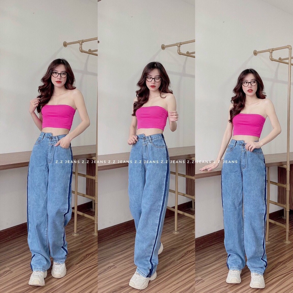QUẦN JEANS ỐNG RỘNG MÀU XANH LỆCH CÚC SIÊU HACK DÁNG