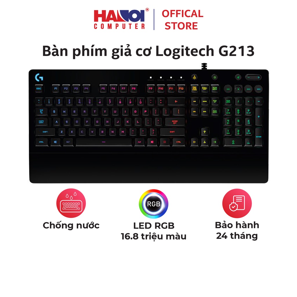 Bàn phím giả cơ Logitech G213 RGB màu đen với hệ thống led RGB 16.8 triệu màu, chống bụi chống nước