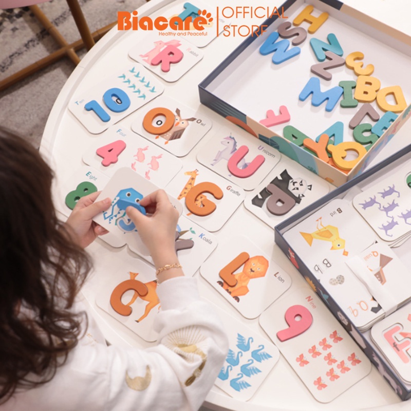 Bảng chữ cái và số đếm tiếng Anh bằng gỗ hình động vật đồ chơi Biacare giáo cụ Montessori cho bé