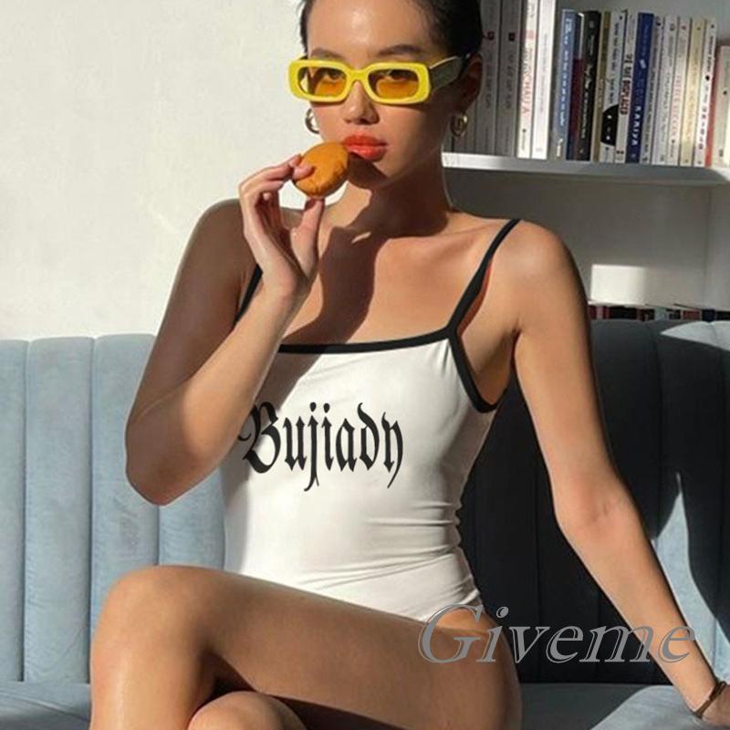 Bộ Áo Liền Quần Hai Dây Ôm Dáng In Chữ Màu Sắc Tương Phản Thời Trang Cho Nữ