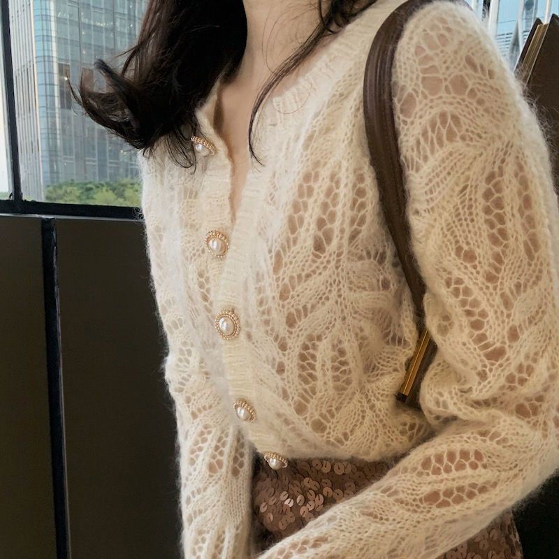 Áo Khoác Cardigan Dệt Kim Dáng Ngắn Thiết Kế Lỗ Lưới Thời Trang Cao Cấp Cho Nữ