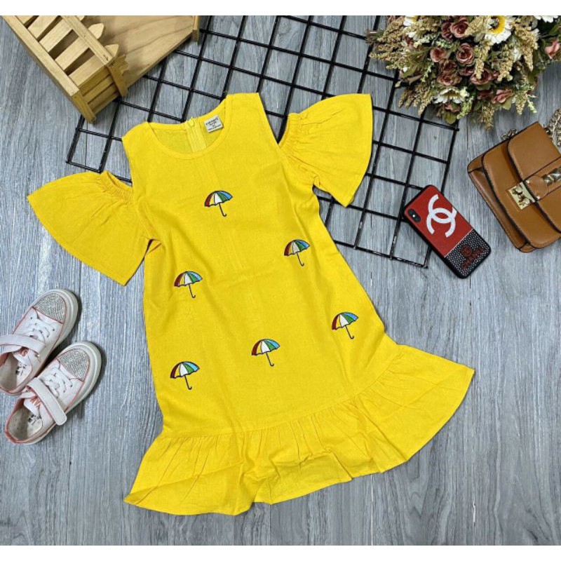 Đầm cotton bé gái thêu🧡freeship🧡 tay áo rớt vai