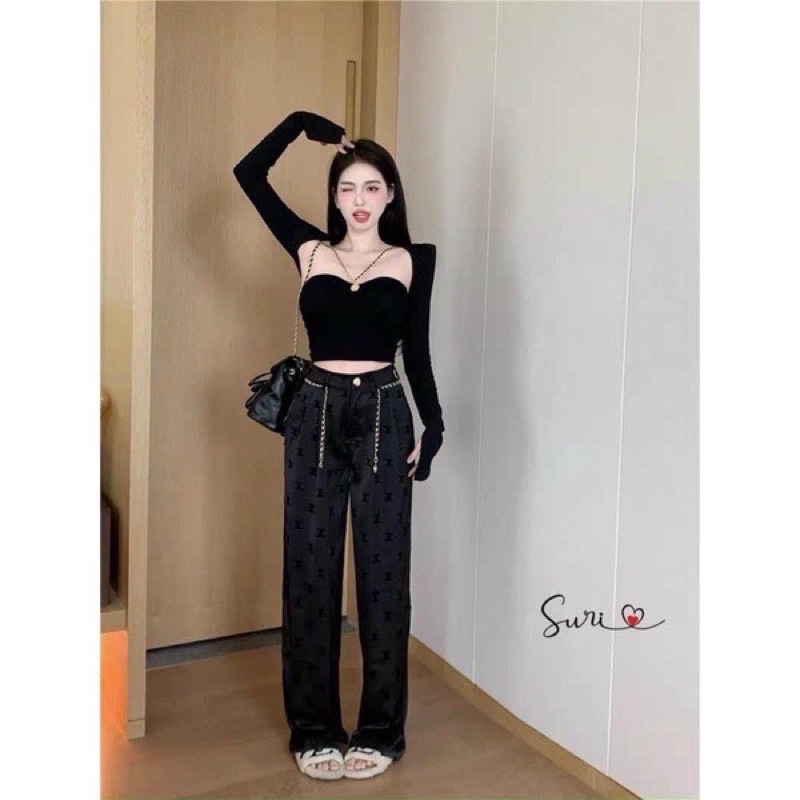 Set áo quây 2 dây xích kèm áo croptop tay dài, áo trend A1991