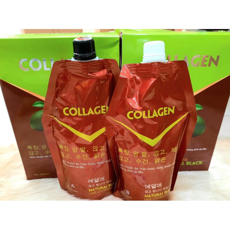 Kem nhuộm tóc phủ bạc 100% bơ thảo dược COLLAGEN 500ml x2 không dính,bám đen vào da đầu (màu đen) lên màu chẩnFREESHIP