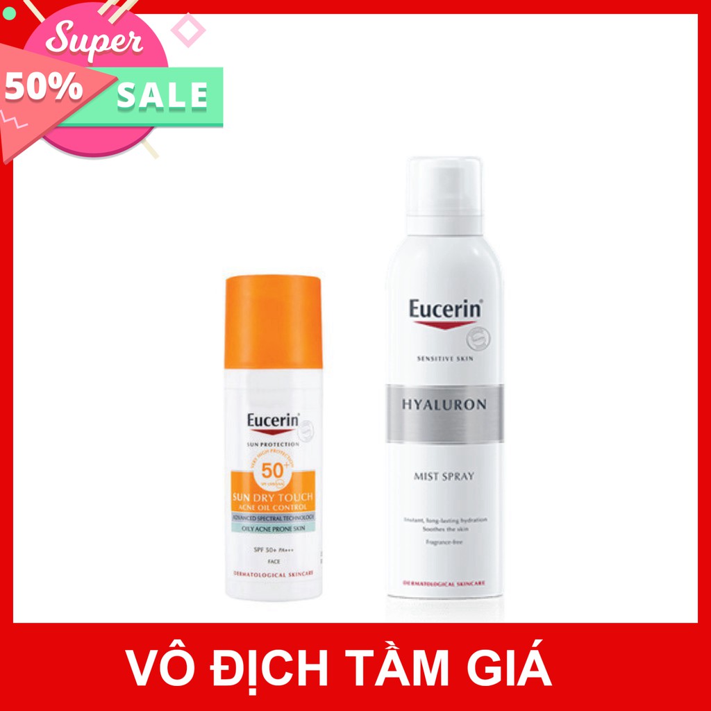 [CHÍNH HÃNG] Combo Eucerin kem chống nắng cho da nhờn mụn Sun Dry Touch Oil Control SPF50+ 50ml &amp; xịt khoáng cấp ẩm 150m