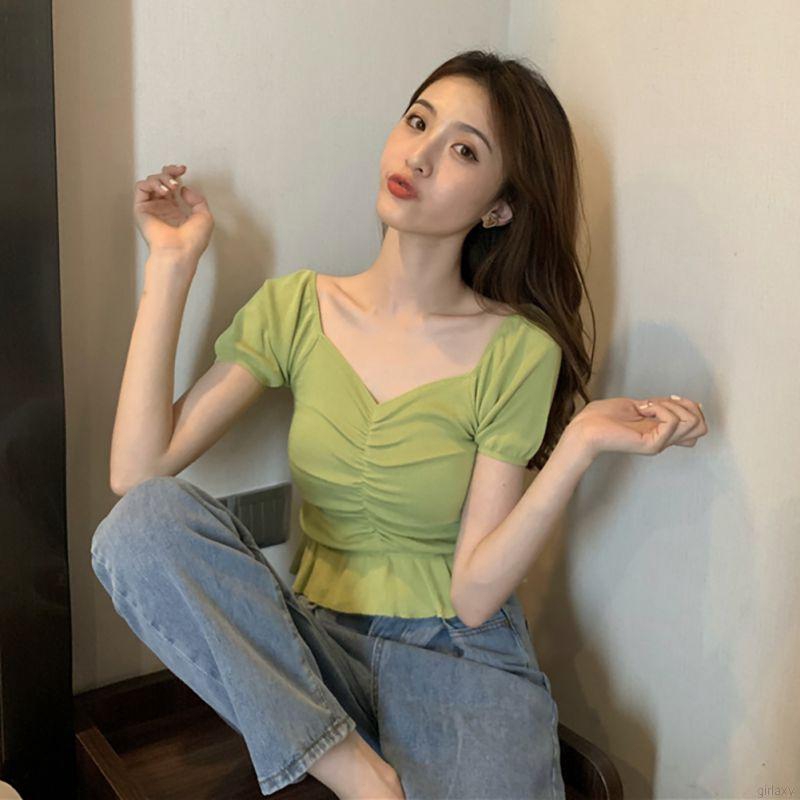 [Mã FAMAYWA giảm 10K đơn 50K] Áo Thun Nữ Tay Ngắn Cổ Vuông Xếp Ly Phong Cách Hàn Quốc | BigBuy360 - bigbuy360.vn