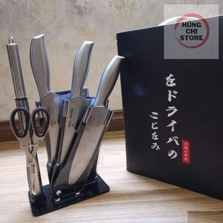Bộ dao kéo nhà bếp 6 món nhật bản cao cấp, inox chống gỉ, có đế đựng dao