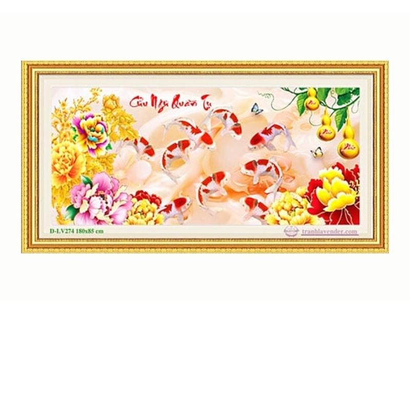 Tranh Đính Đá CÁ CỬU NGƯ QUẦN TỤ (ĐÁ ABC CAO CẤP). Kích Thước: 1m80 x 85cm