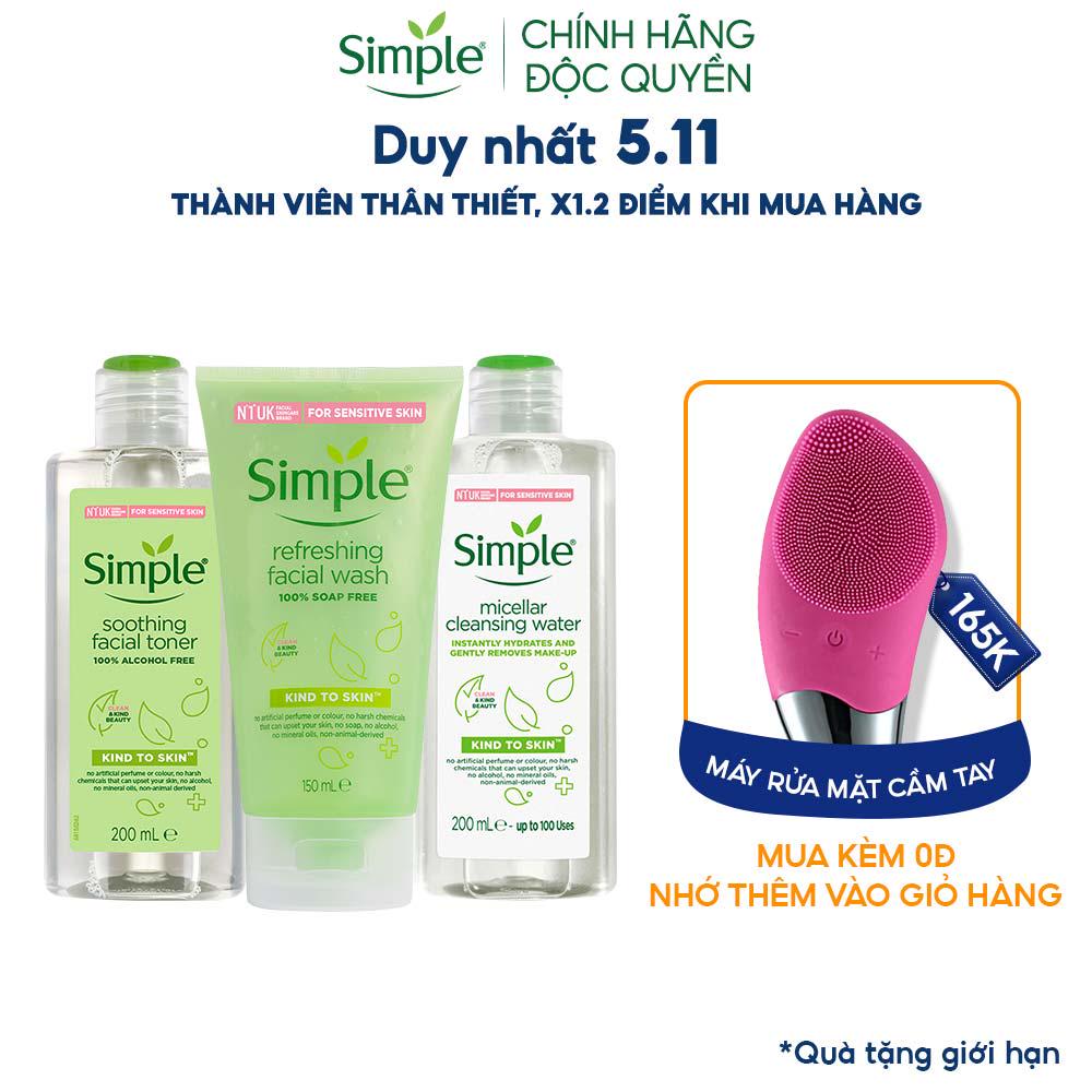 Combo Simple Tẩy trang 200ml + Sữa rửa mặt 150ml + Nước hoa hồng 200ml cho da sạch khỏe đàn hồi - White Store