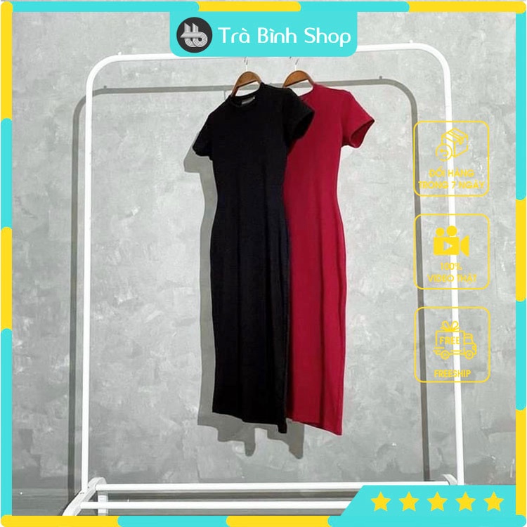 Váy body cổ tròn chất len tăm Đầm dáng ôm ngắn tay gợi cảm | BigBuy360 - bigbuy360.vn