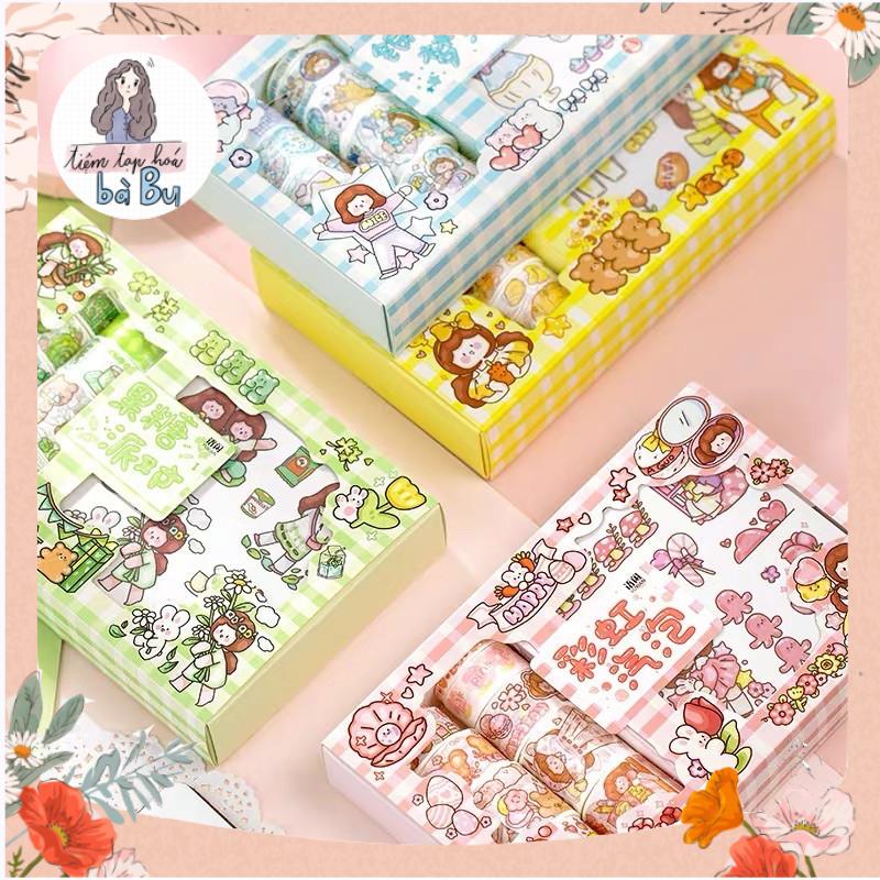 [Sale] Hộp 10 cuộn washi tape x 10 tờ stickers bé gái dễ thương 4 tông màu DIY