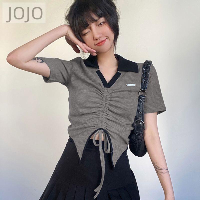 Áo Thun Tay Ngắn Cổ Chữ v Phối Dây Rút Phong Cách Retro Mỹ Màu Sắc Tương Phản Thời Trang Mùa Hè Cho Nữ