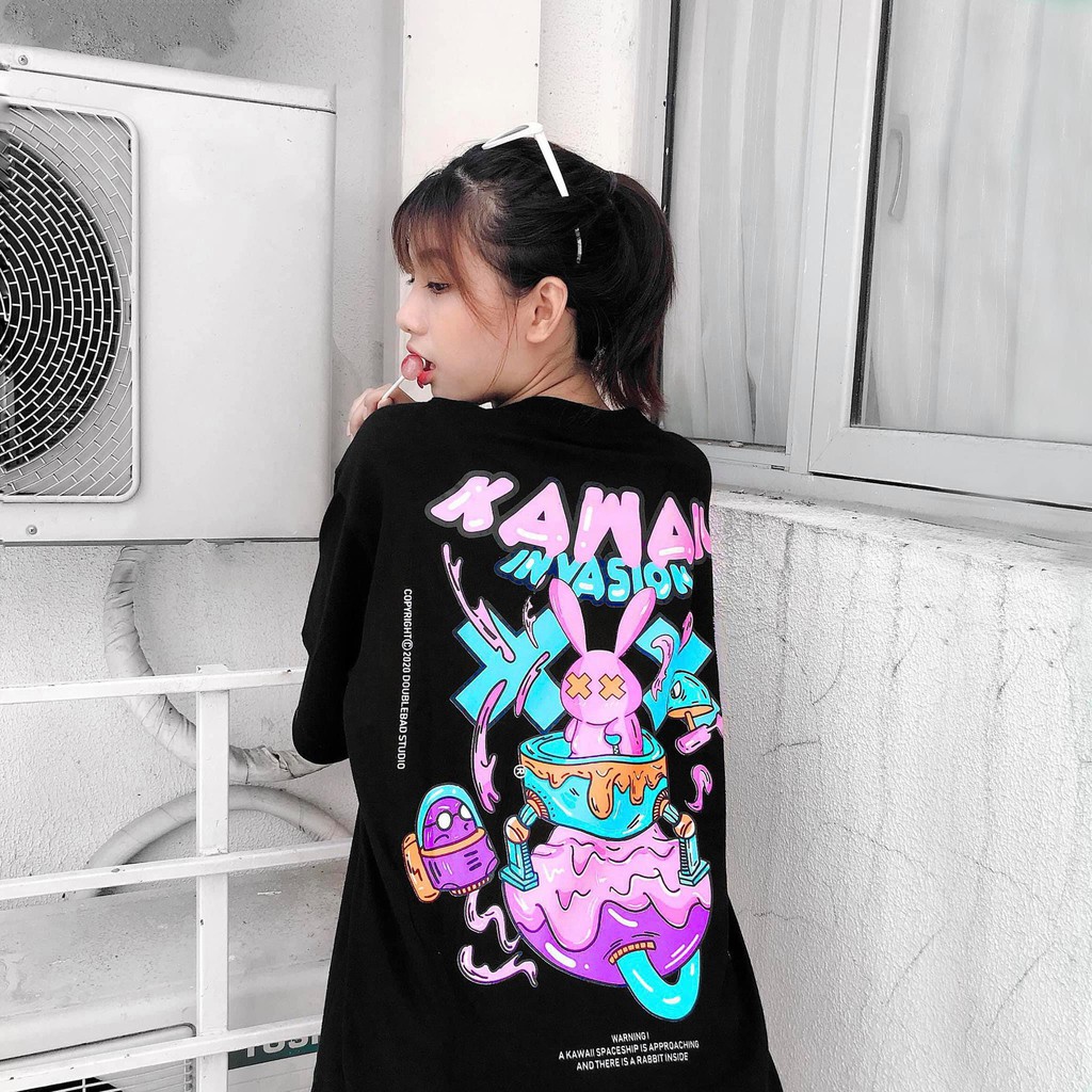 Áo Thun Tay Lỡ Form Rộng in Hình Thỏ Kawai Cho Cả Nam và Nữ, Vải Cotton 75%, Dày Mịn Mát. XXK