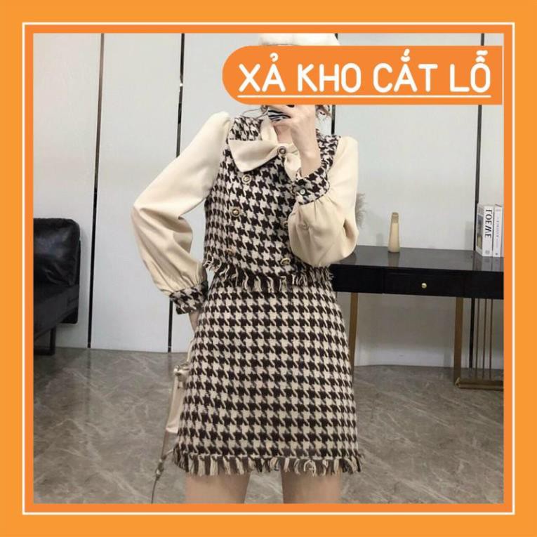 VAY DU TIEC Set váy caro phối tay voan (NEW)