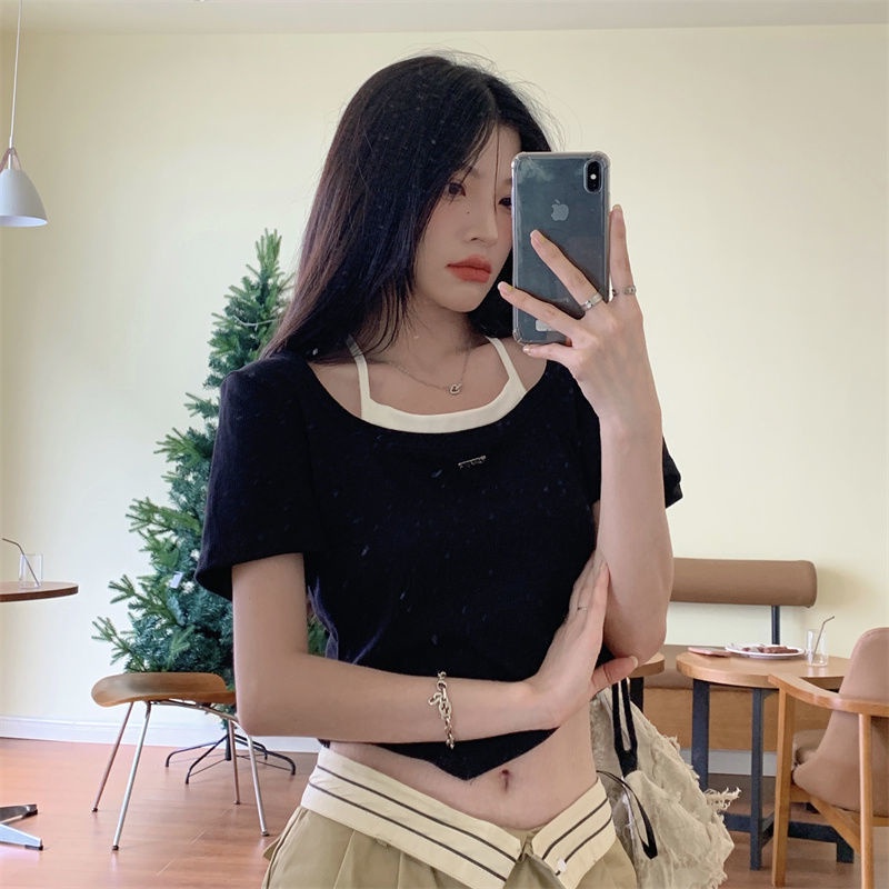 Áo Thun Ngắn Tay Hai Mảnh Thiết Kế Dáng Ngắn Phong Cách Hàn Quốc Thời Trang Mùa Hè Hàng Mới 2022 Dành Cho Bạn Nữ