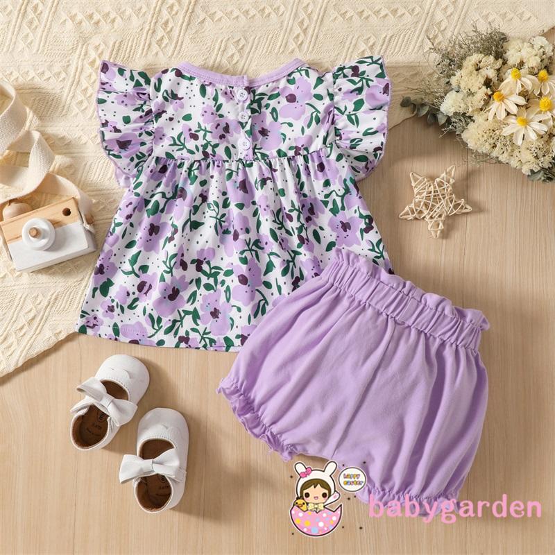 Set Áo Cổ Tròn Tay Cánh Tiên + Quần Short In Họa Tiết Hoa Thời Trang Cho Bé Gái 0-3 Tuổi