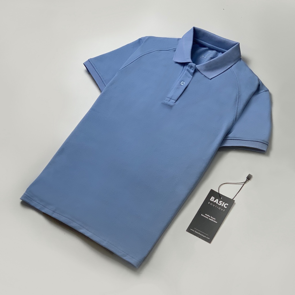 Áo polo áo cổ trụ màu xanh dương phối gân dọc lịch sự tôn màu da dễ phối đồ