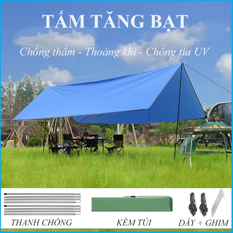 Tấm bạt 3x3m tăng mái che lều cắm trại dã ngoại chống nước có combo cây chống kèm dây với túi đựng - Tăng lều