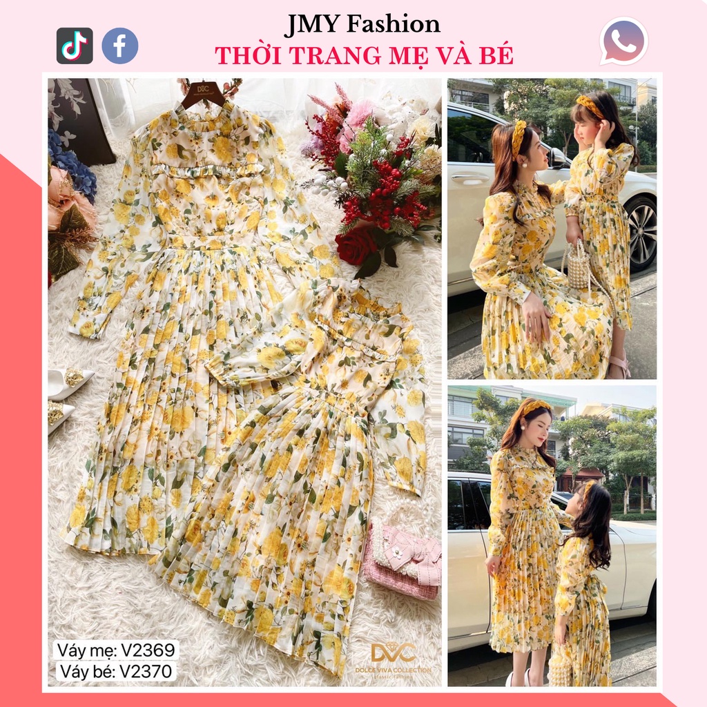 váy hoa vàng dài tay dập ly tươi sáng - DVC&ACC