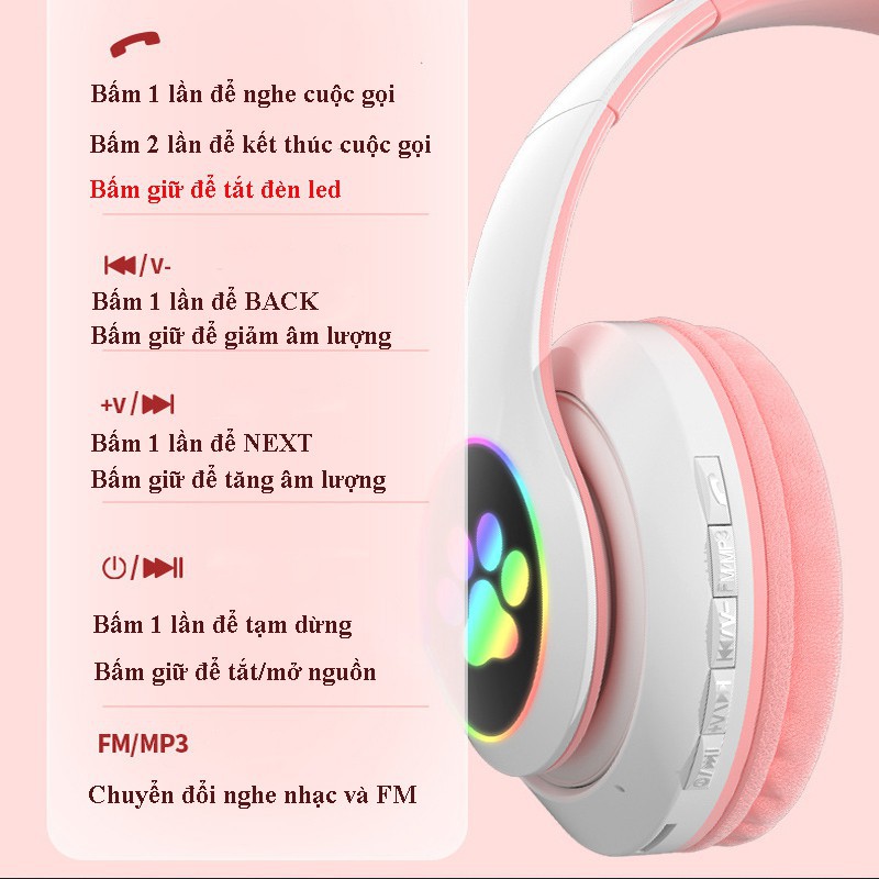 Tai nghe màu hồng tai mèo cute có led BLuetooth dailyphukien