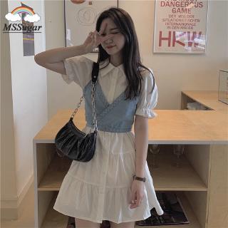 Váy nữ Set đầm sơ mi tay bo phồng + áo yếm denim duyên dáng dành cho phái đẹp 2020 có bán lẻ Váy