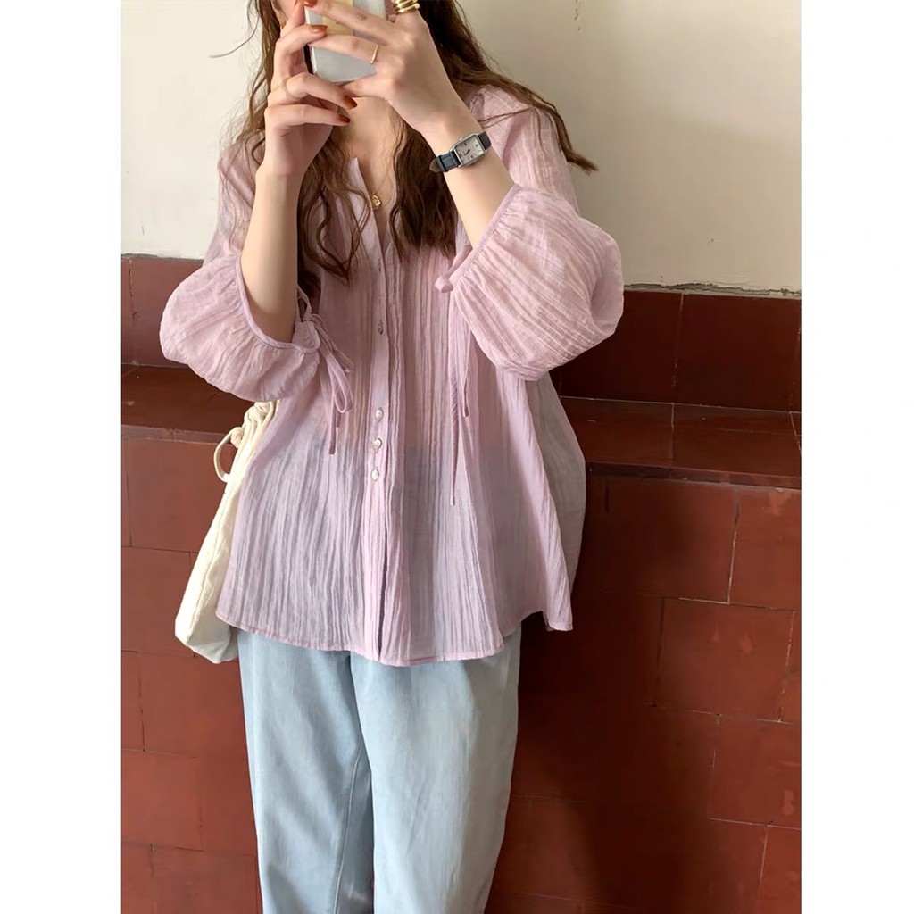 (ORDER) Áo sơ mi nữ voan mỏng xếp ly ống tay phồng thắt nơ style nhẹ nhàng Hàn Quốc