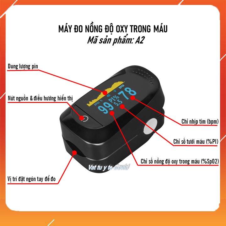 Máy đo nồng độ OXY trong máu/Máy đo SPO2/Model A2/Fulse Oximerter chính hãng/Tặng pin