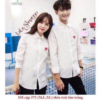 ÁO SƠ MI CẶP NAM NỮ TRẮNG ĐEN THÊU TRÁI TIM CHẤT LỤA CO GIÃN CAO CẤP - LALASHOP1990