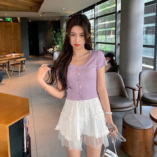 Áo thun ZHELIHANGFEI dệt kim ngắn tay phối hàng nút đơn thời trang dành cho nữ