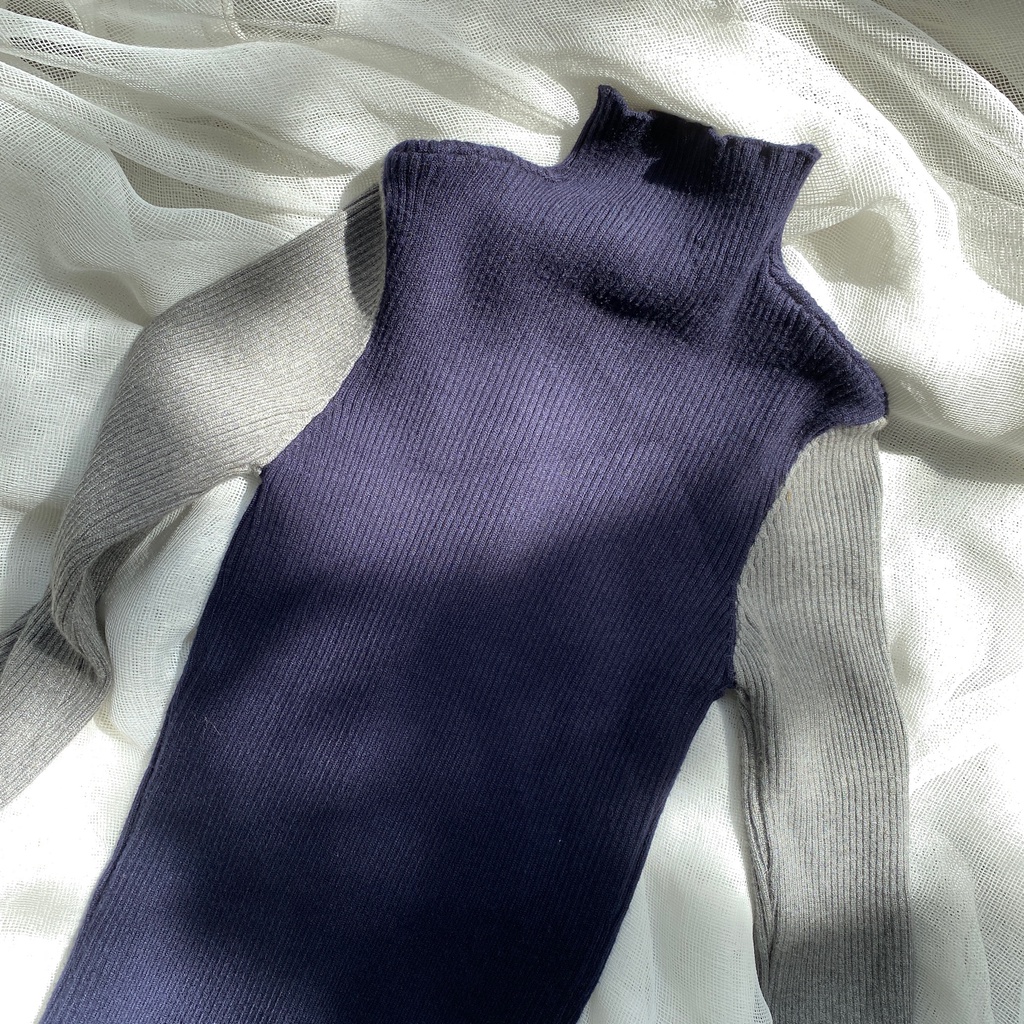 Áo thun len gân tay dài cổ lọ dáng ôm phối màu MIEU - HN04