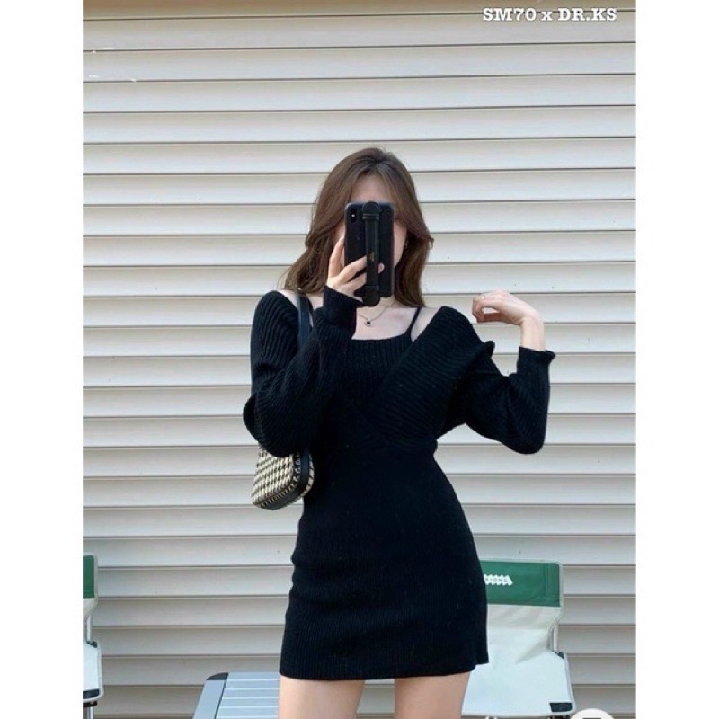 Đầm thun gân len cổ yếm, thu đông bodych