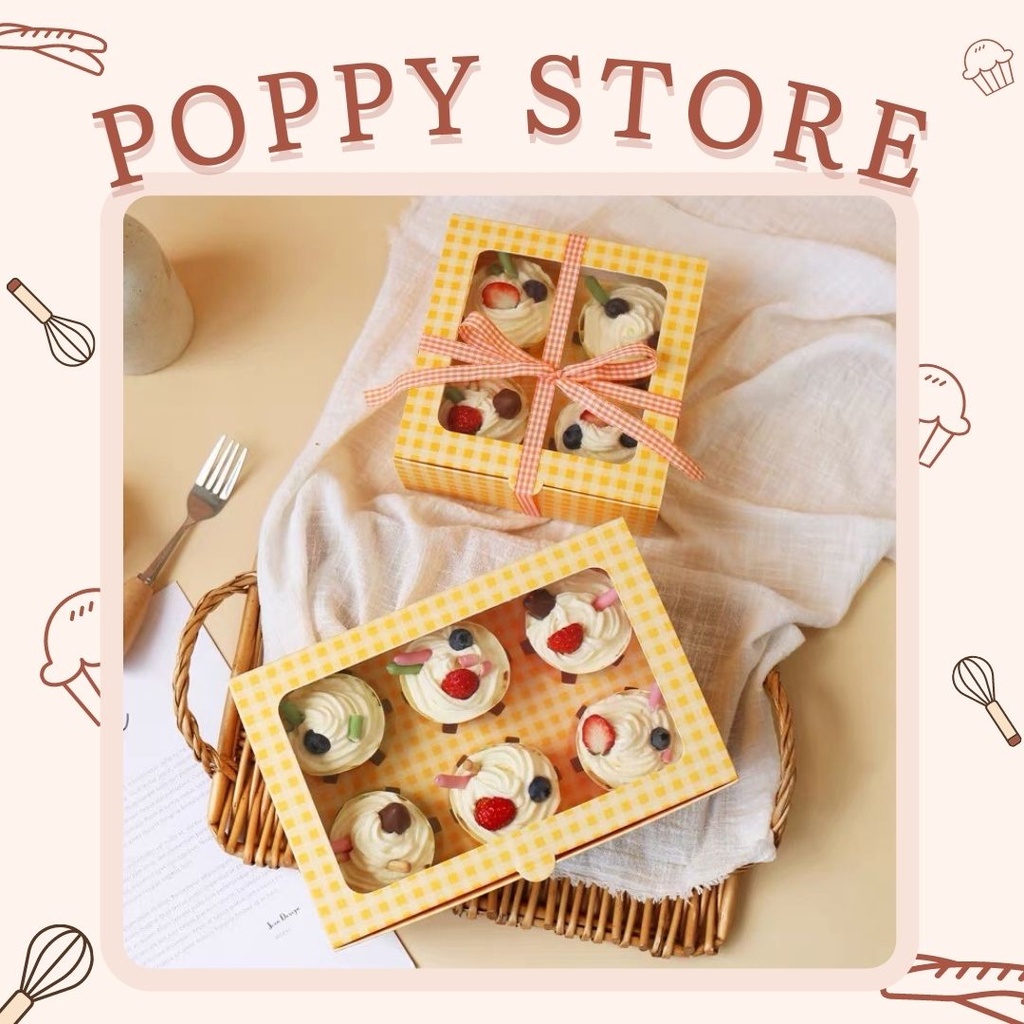 Hộp đựng bánh, cupcake, sọc caro dễ thương, hộp giấy - POPPY STORE