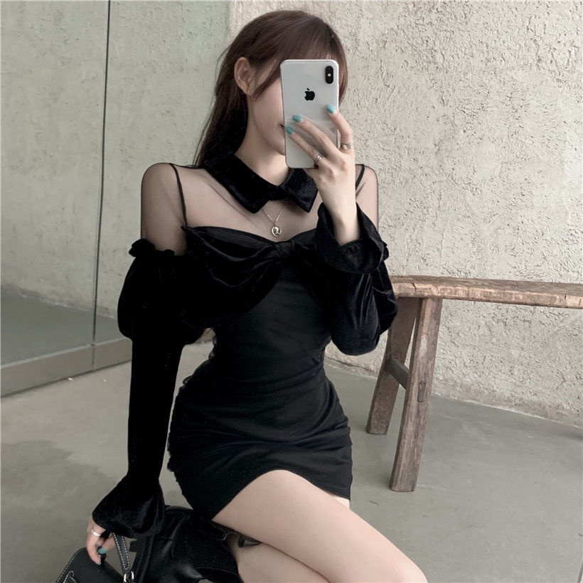 Đầm Nhung Phối Lưới Quyến Rũ Thời Trang Mùa Xuân Cho Nữ