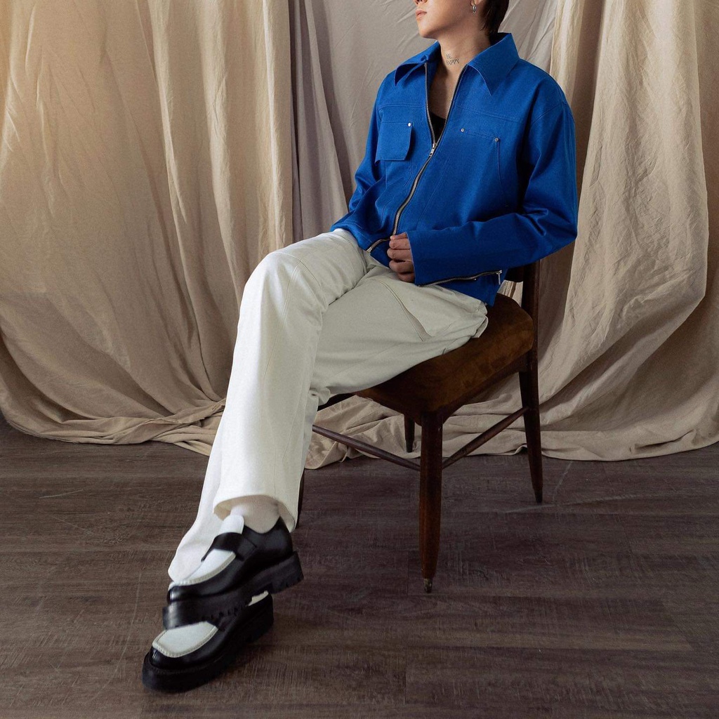 Giày Loafer SPOILED Da Bê Bóng Kính Đen phối Da Trắng