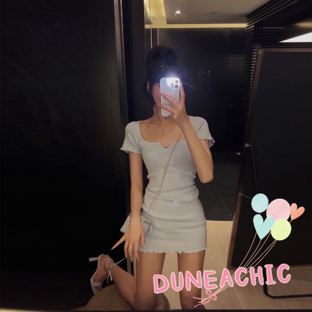 DUNEA Đầm Dệt Kim Tay Ngắn Cổ Vuông Thiết Kế Trẻ Trung Cho Nữ