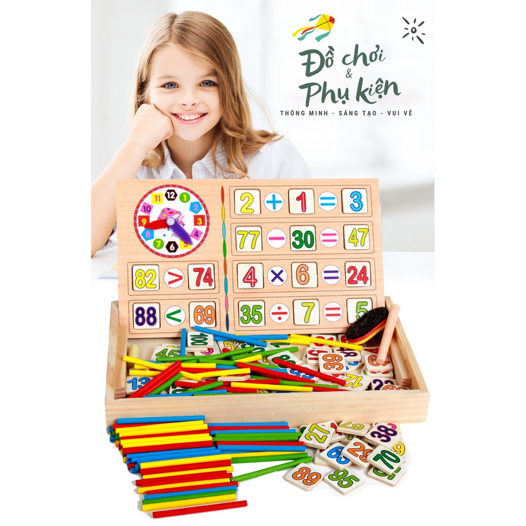 Bộ đồ chơi học toán bằng gỗ có nam châm, đồng hồ với que tính, bảng 2 mặt và số từ 0-99 cho bé yêu