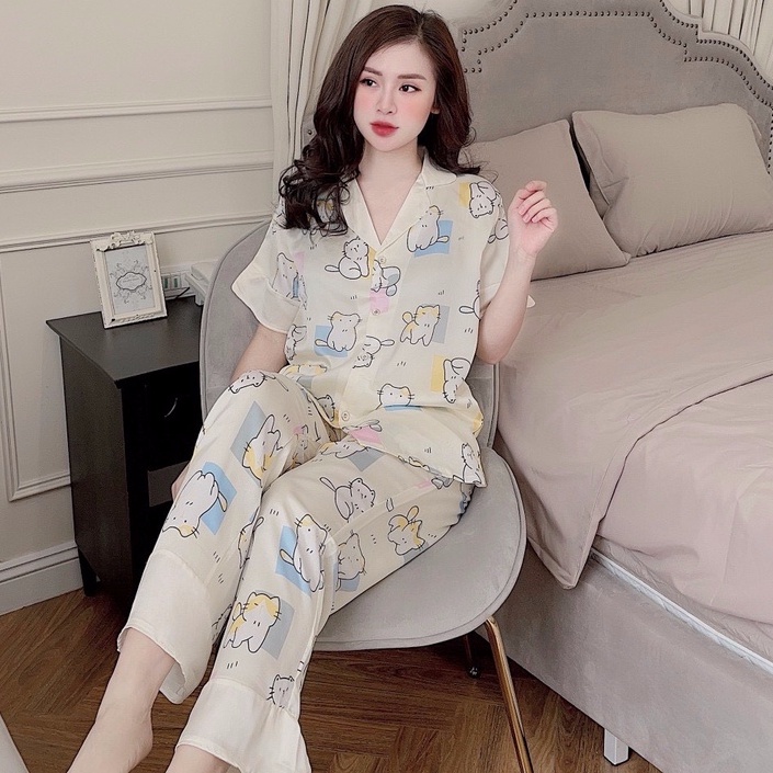 Bộ đồ ngủ lụa mặc nhà pyjama cổ tròn lụa latin cao cấp áo cộc quần đùi freesize 45-60kg | BigBuy360 - bigbuy360.vn