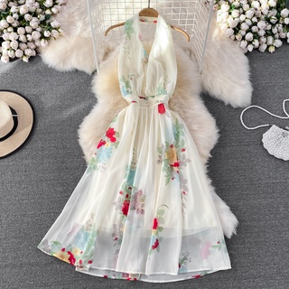 #1681 [Order] Mùa hè retro tính khí hai dây cổ hở lưng không tay in eo váy thời trang bên bờ biển kỳ nghỉ đi biển váy